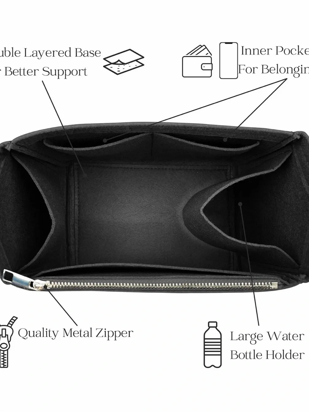 Black Felt Tote Organizer Insert